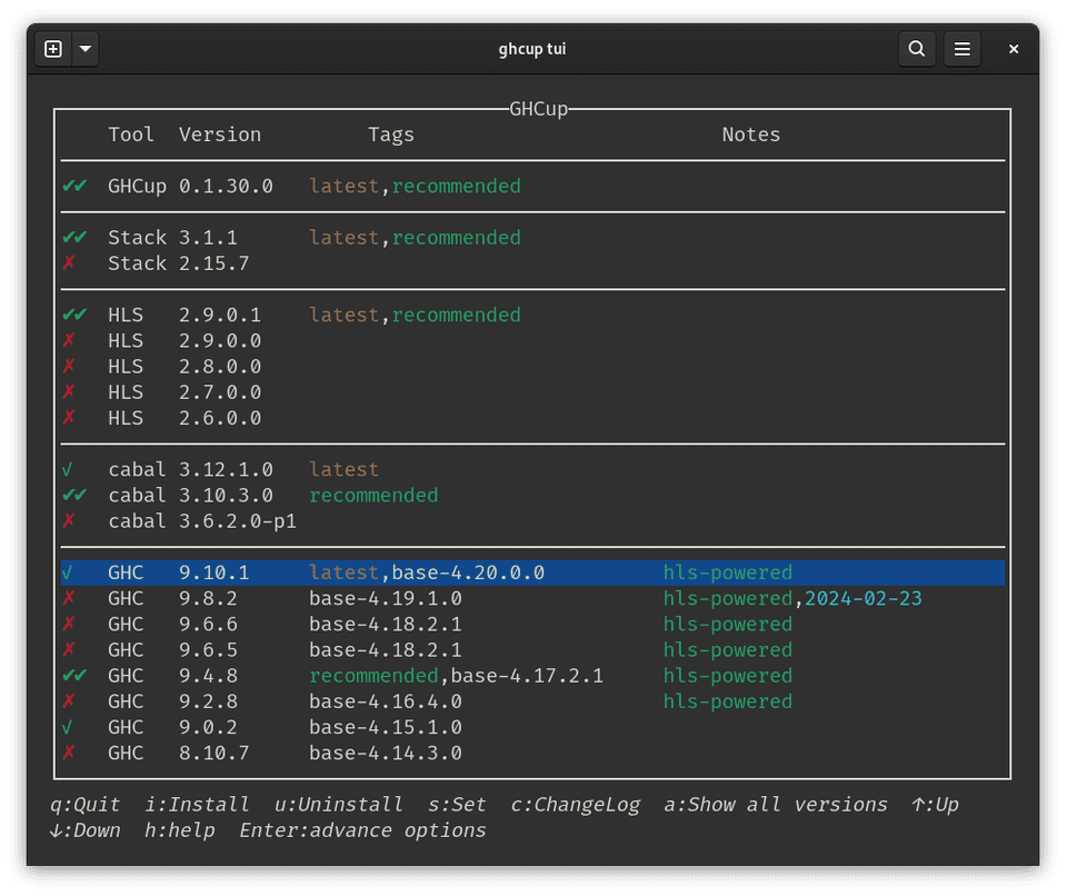 GHCup running in terminal ui mode